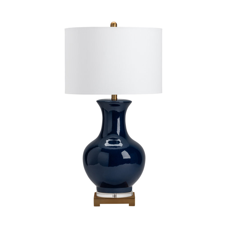 Deep Blue Ceramic Table Lamp with White Linen Shade