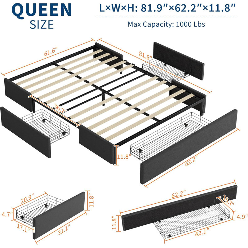 Structure de lit plateforme grand format avec 3 tiroirs de rangement, structure de lit tapissier en tissu, têtes de lit personnalisables, aucun sommier tapissier, silencieux, assemblage facile, gris foncé