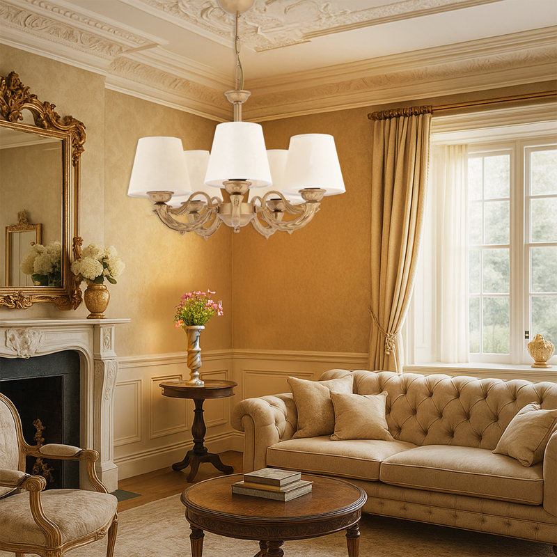 Lustre classique 5 lumières, Doré, Crème, crème