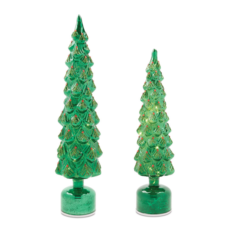 Arbre de Noël rotatif à DEL en verre (ensemble de 2), Vert / Rouge