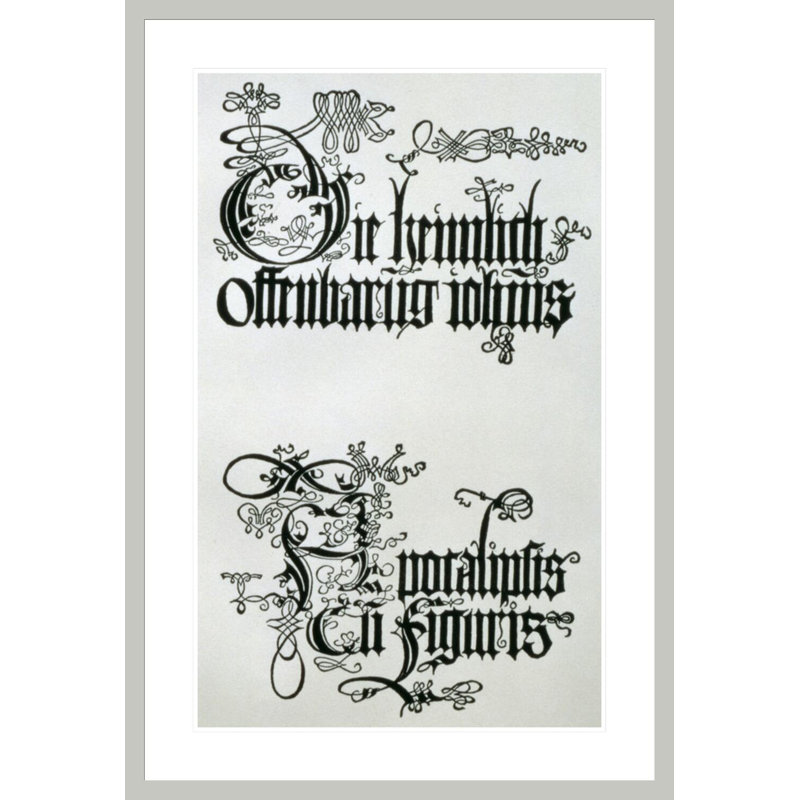 Inscriptions en écriture gothique en bas de la page de titre de «Nine Sheets from the Apocalypse» par Albrecht Dürer, impression giclée sur cadre