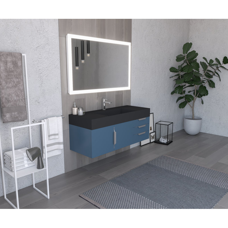 Meuble-lavabo mural simple 48 po avec comptoir à surface solide 48 po, Noir, Gris, Chrome