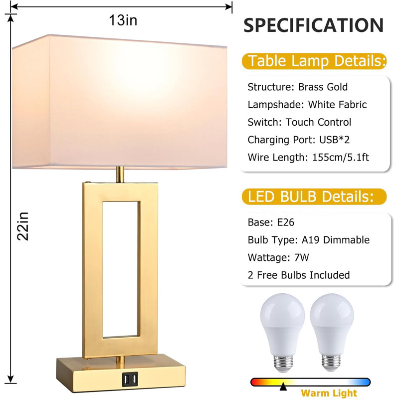 22'' Lamps for Bedrooms Set of 2, Touch Control Table Lamps with 2 USB Ports, Pink, Gold, 22.01" H x 12.4" W x 6.69" D