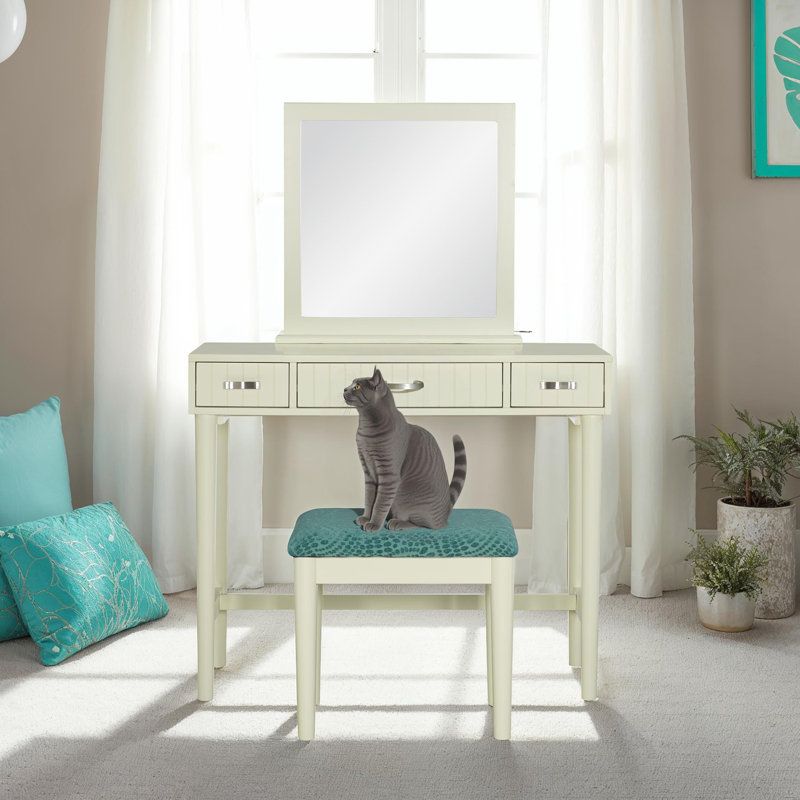 Simen Wood Three Drawer Mirror Stand Vanity with Stool