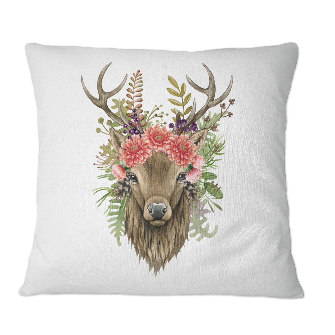 Deer Portrait With Flowers - Traditional Printed Throw Pillow Design Art