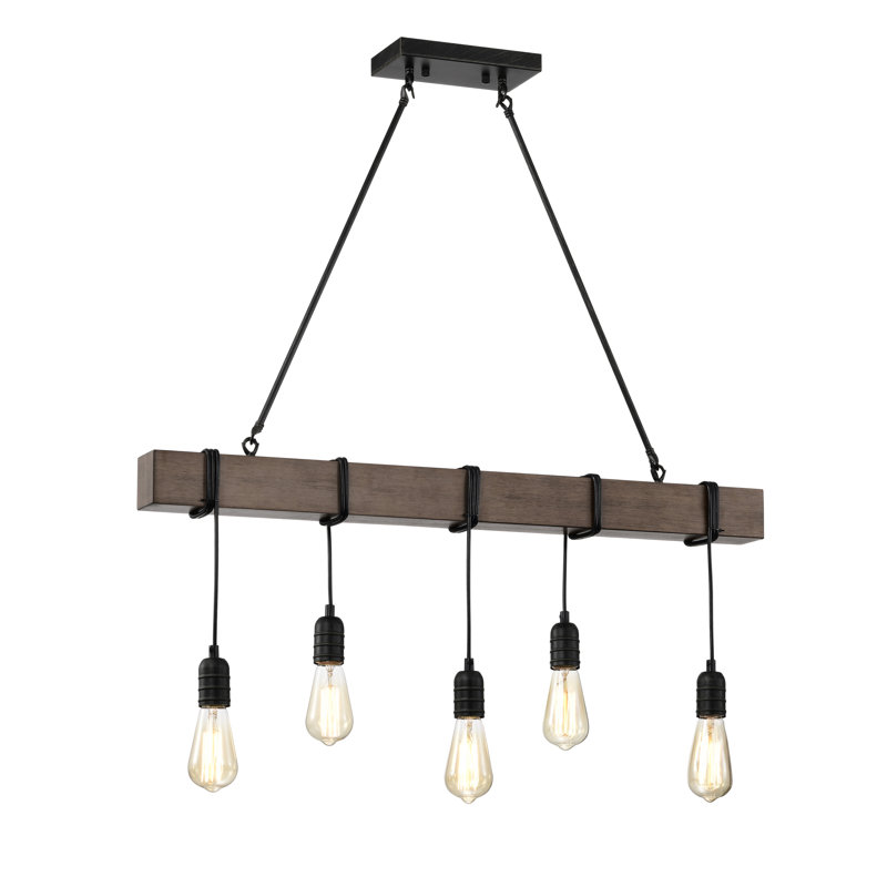 Budyoni 5 - Light  Antique Black Natural Wooden Beam Kitchen Island Bulb Pendant
