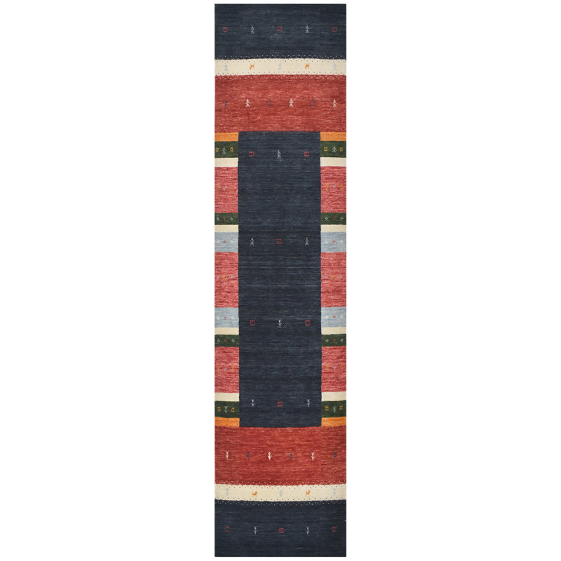Tapis noir et multicolore de haute qualité noué à la main, Tapis de couloir 2 pi 6 po x 10 pi
