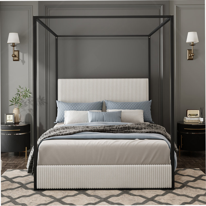 Metal Canopy Bed With Upholstered Headboard And Four Poster, White, Queen