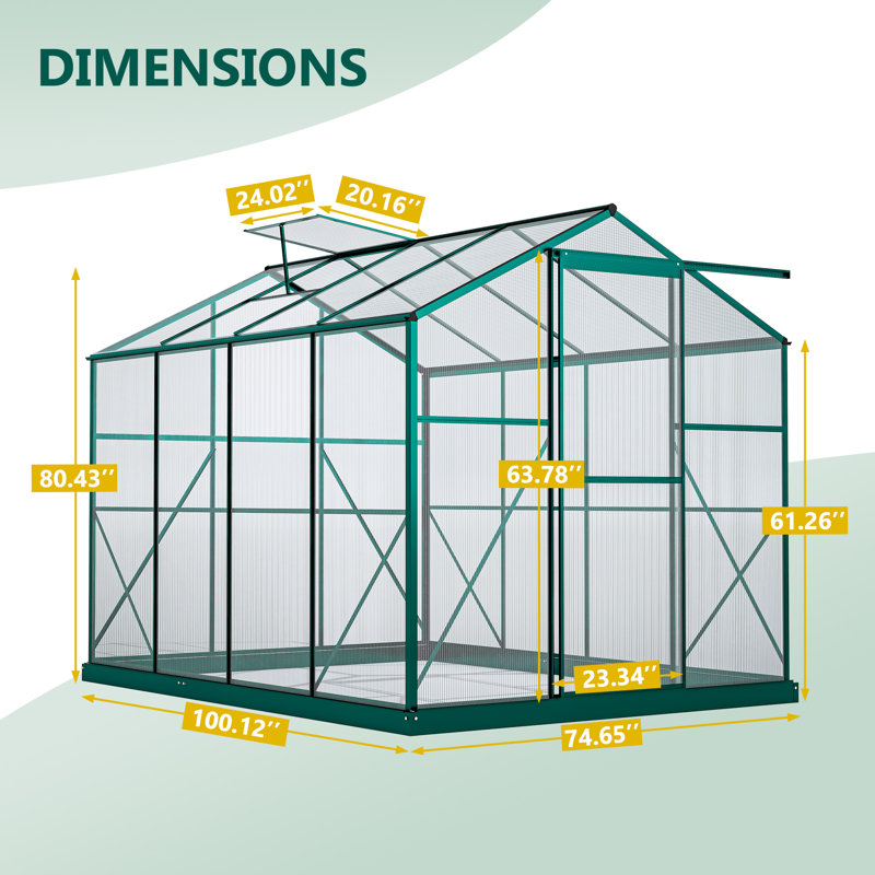 6 ft. W x 8 ft. D Polycarbonate Aluminum Frame Greenhouse With Ventilation And Rain Gutter Walk In Greenhouse For Outdoors