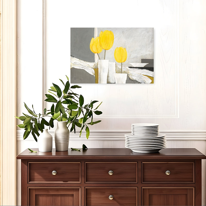 «Tulipes jaunes vibrantes», art moderne contemporain de tulipes printanières, 16" H x 24" W