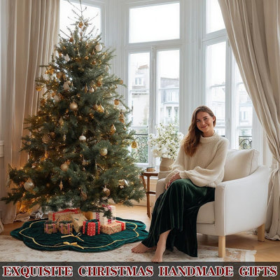 Jupe de sapin de Noël en velours vert avec bordure en dentelle dorée, nœud papillon et bord festonné, élégante décoration de Noël vintage