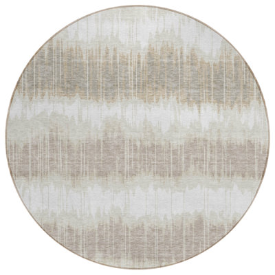 8' Ivory Beige And Taupe Round Striped Washable Indoor Outdoor Area Rug