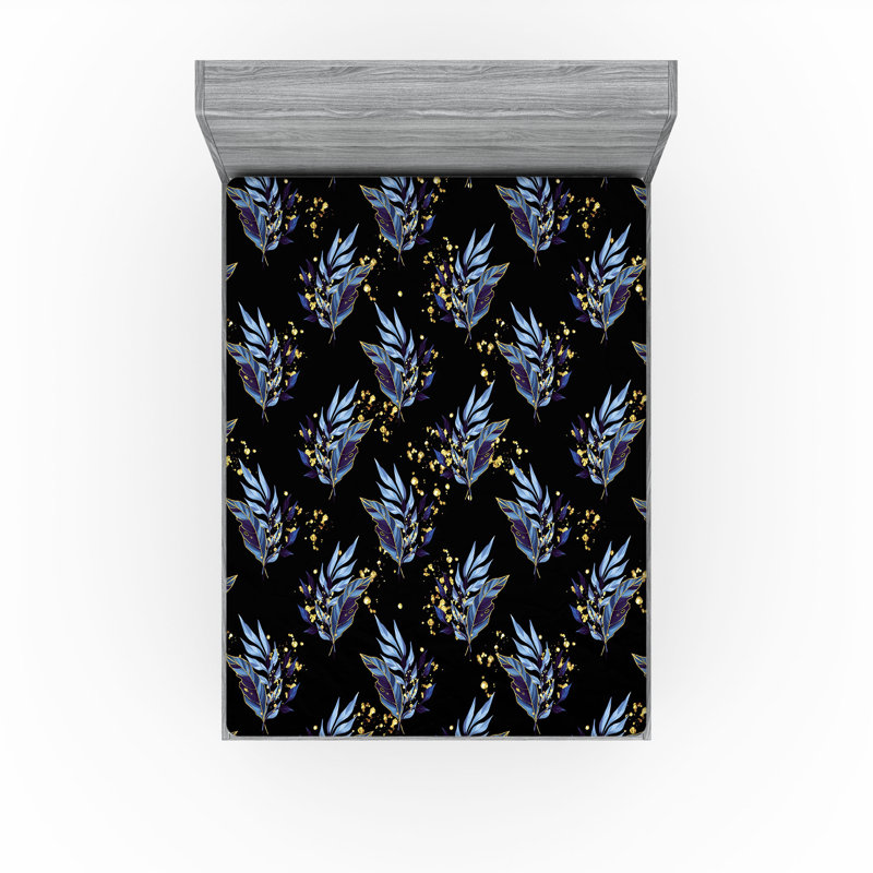 Ambesonne Night Jungle Fitted Sheet Leafy Pattern Hues Art Charcoal Grey Indigo, Queen Fitted Sheet