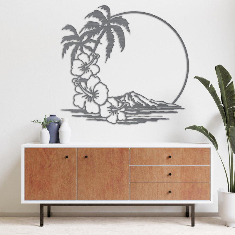 Décoration murale abstraite avec palmier, soleil et montagnes - ACM, H 32 po x l 29,7 po x P 0,25 po, Blanc