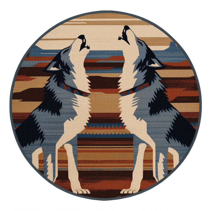 Washable Wolf Inspired Southwestern Area Rug, Round 5' x 5'