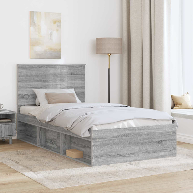 Solid Wood Bed, 100 x 200cm, Grey Sonoma