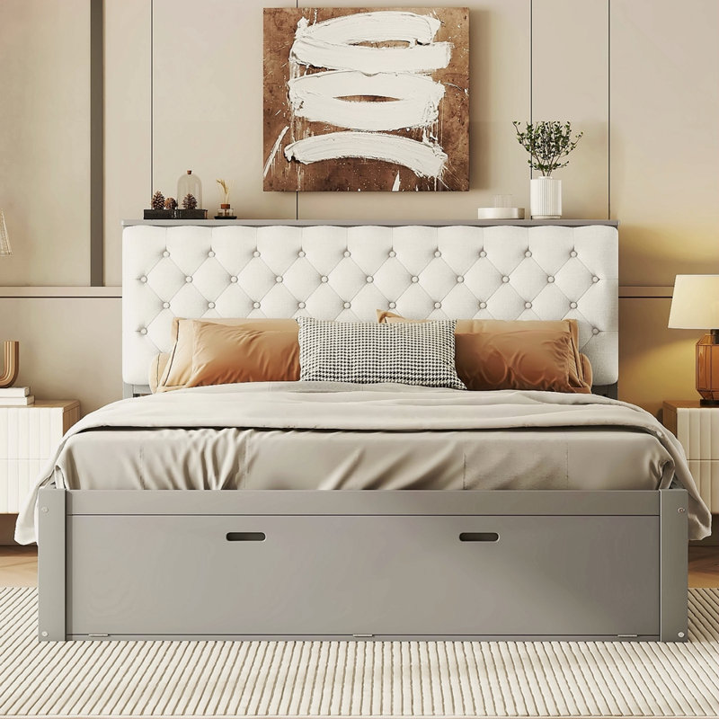 Grand lit plateforme en bois avec tête de lit, étagère à chaussures et 4 tiroirs, Gris