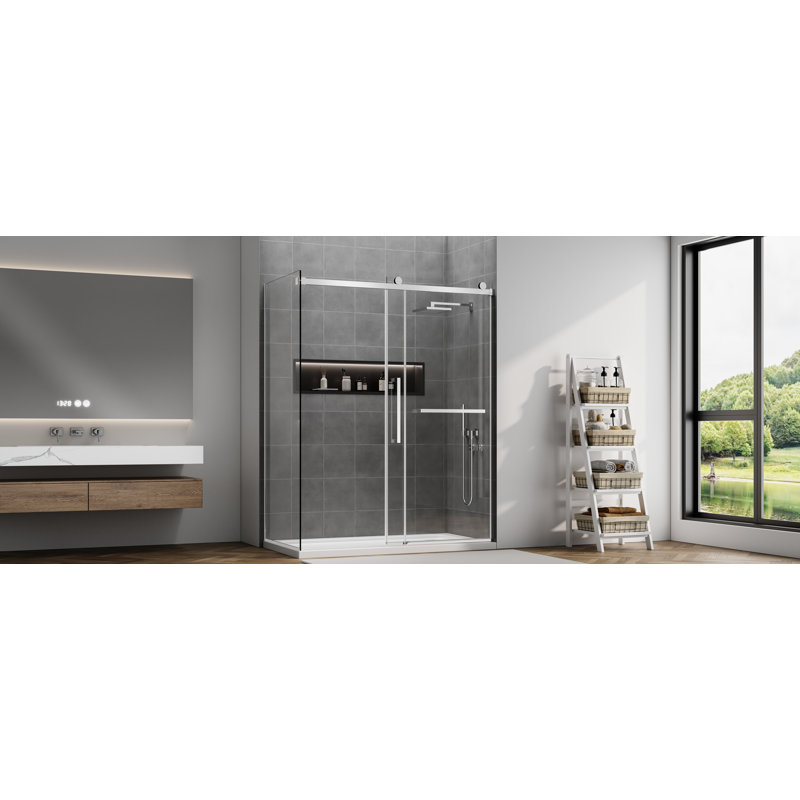 56-60" W X 32" D X 76" H Sliding Frameless Shower Enclosure With Clear Sgcc Tempered Glass, L-Shaped Shower Glass Doors, Rectangle Corner Shower Door,304 Stainless Steel Hardware Polished Chrome