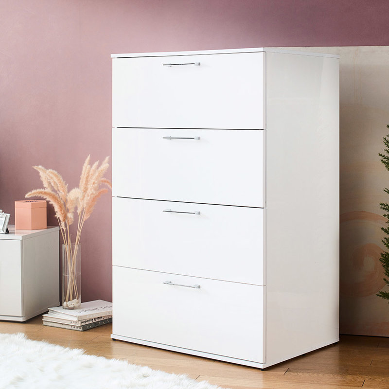 White Glossy Chest With Extra-Depth Drawers For Belongings Bliss Four Jumbo In Finish - Extra Deep Drawer Storage Capacity, Full Extension Bearing Slide System, Water & Heat Structure, Stain Scratch