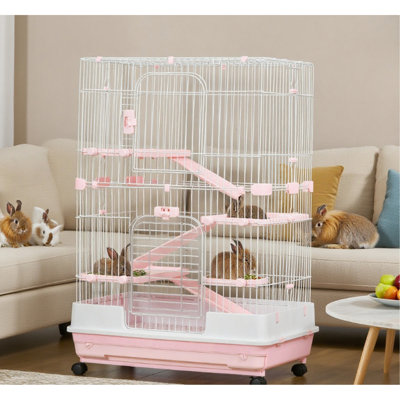 Cage pour petits animaux avec roulettes Lapin en métal rose pour chinchillas d'intérieur et vison pour animal de compagnie Grand espace intérieur Nettoyage rapide L 32 po x l 20,75 po H 43,25 po Habitat lapins cobayes