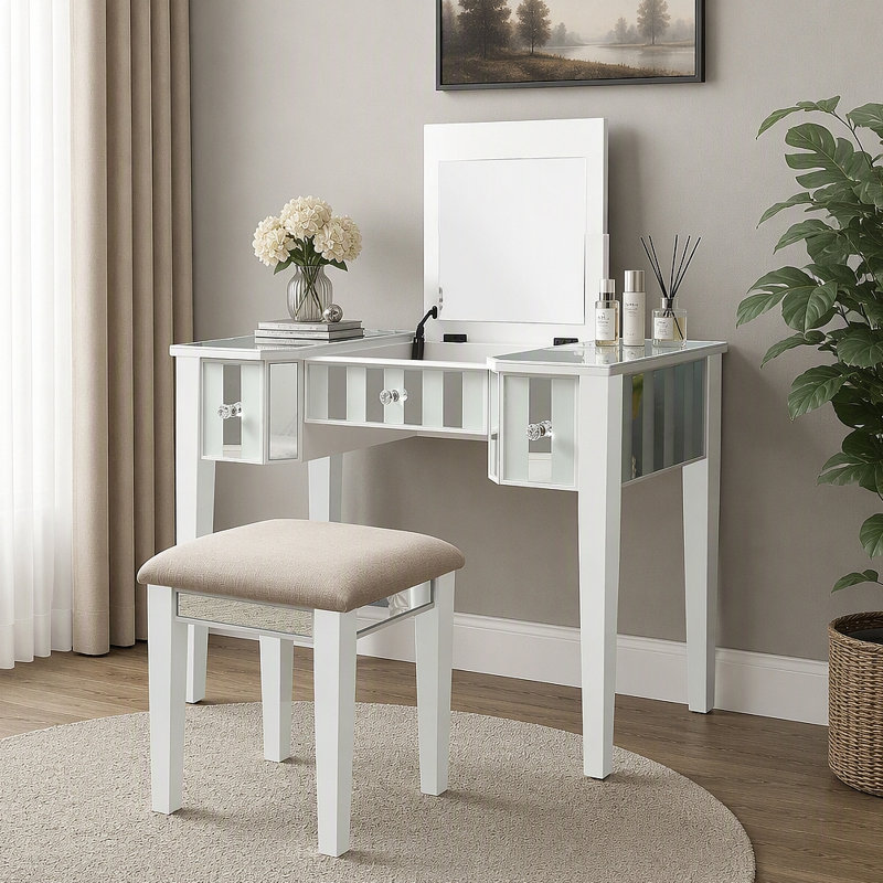 Ensemble de meuble-lavabo de style transitionnel avec tabouret rembourré central, Blanc