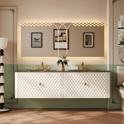 59.06"White Solid Wood Rubberwood Wall-Mounted Bathroom Washbasin Double Vanity With a Mirror