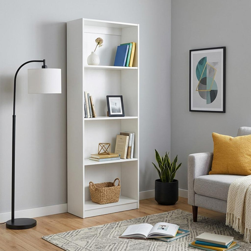 71" White Wood Four Tier Bookcase, White