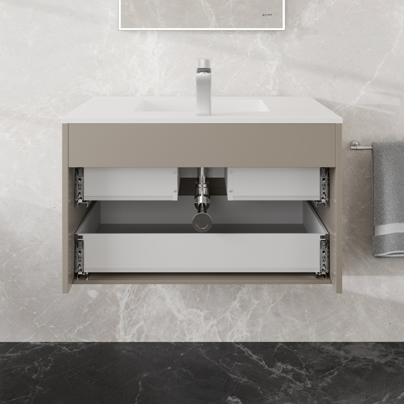 Poignées Siyka Ensemble de meuble-lavabo mural simple Taupe avec surface solide et lavabo intégré