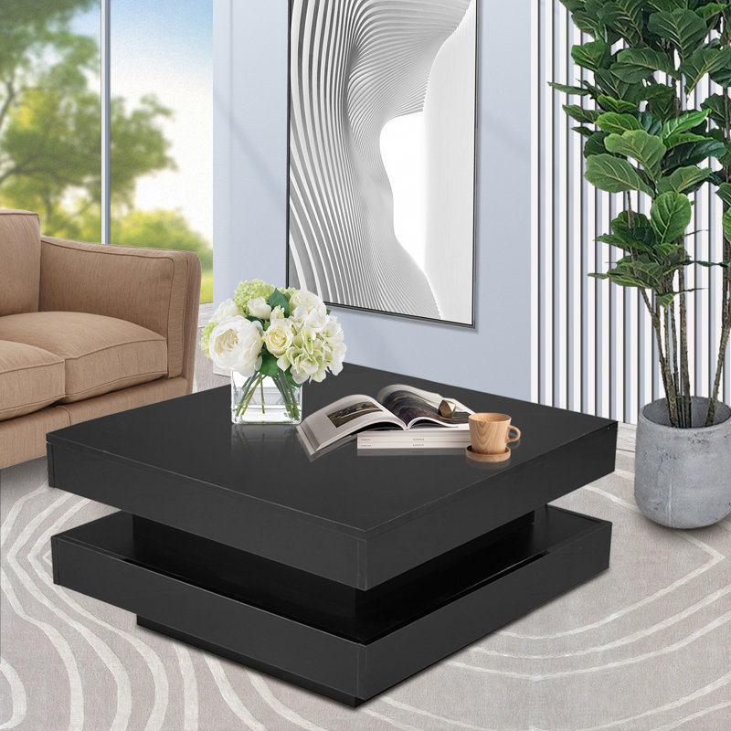 360Â° Rotating Square Coffee Table With 16-color Led Lights â€“ High Gloss Finish, Modern Tea Table, Black