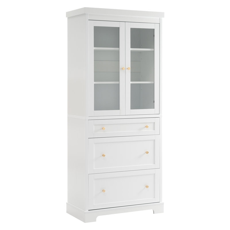 Grande armoire de salle de bain autoportante 70,1 po avec portes en verre, rangement à fermeture en douceur, tablettes réglables et poignées dorées