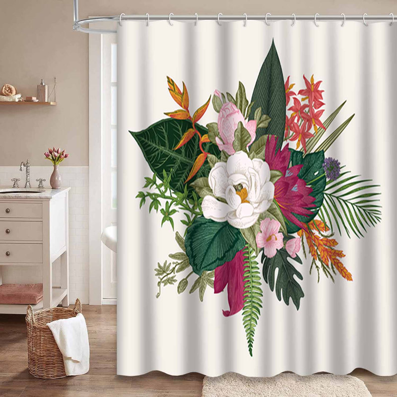 Rideau de douche imperméable à motif floral hibiscus tropical avec 12 crochets, L 72 po x l 84 po