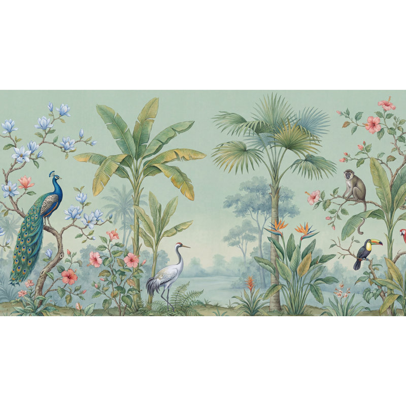 Papier peint tropical animaux vert, 120" x 96", Peler et coller