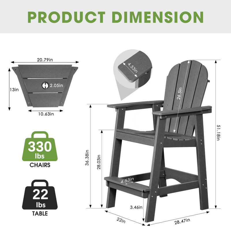 HDPE Tall Adirondack Chair Set with Table, Gray