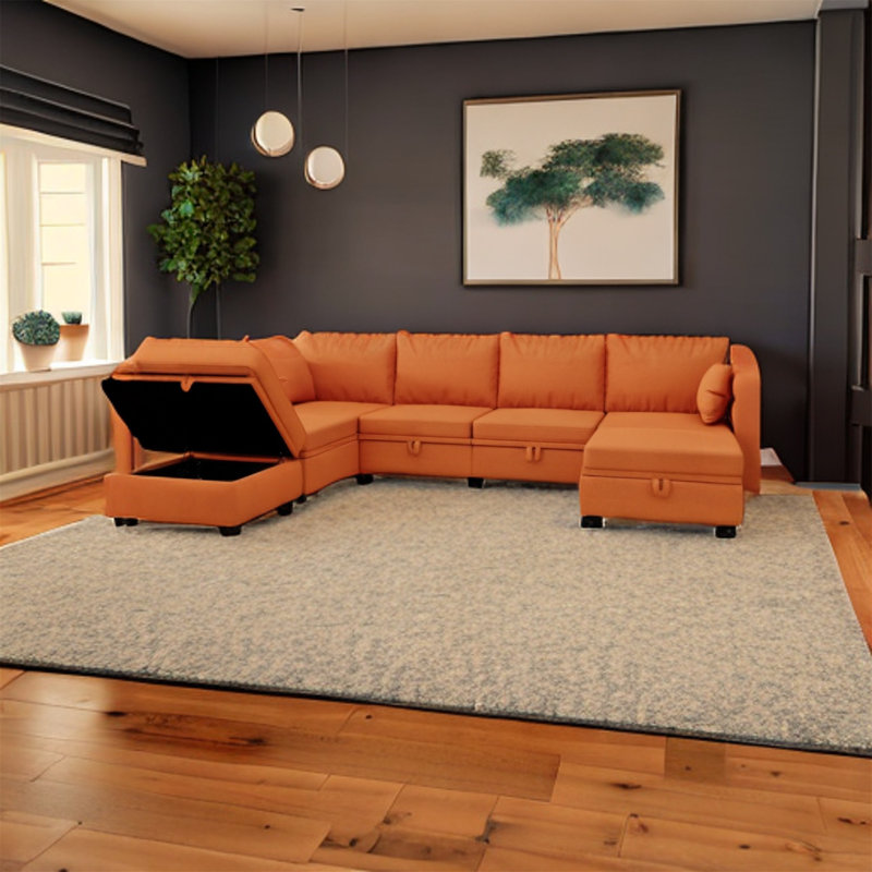 Canapé modulaire 6 pièces rembourré, Mélange de lin orange