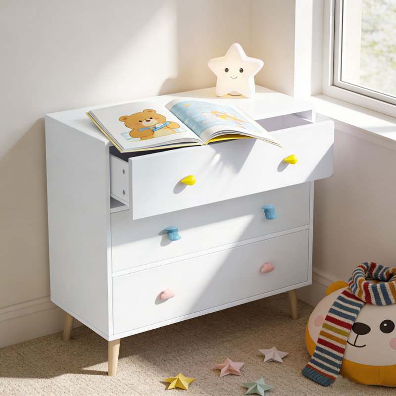 Table de chevet pour enfant moderne à trois tiroirs, Blanc