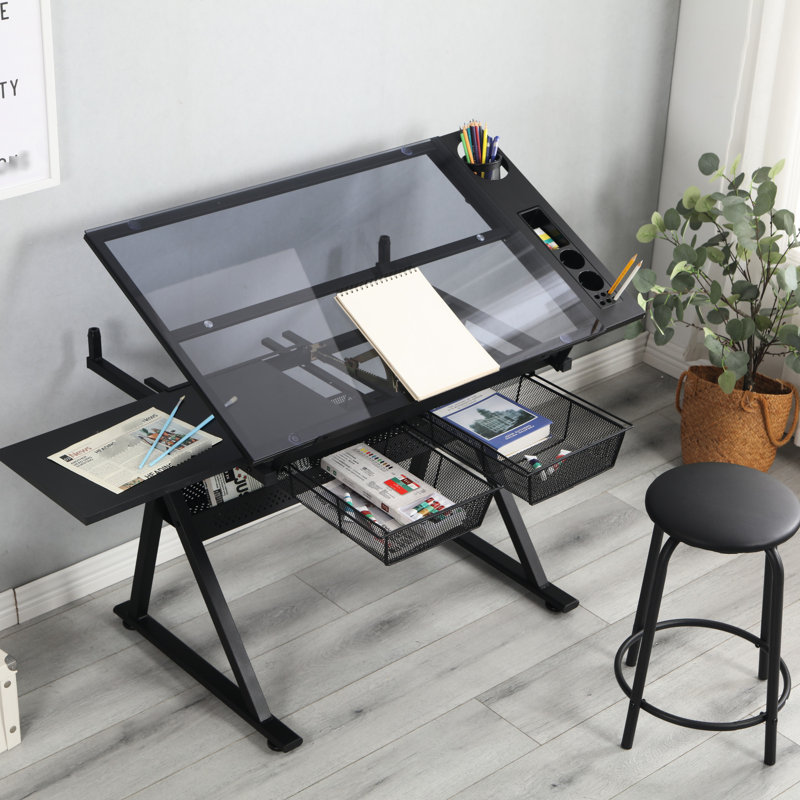 Table de dessin et d'impression avec chaise et rangement en verre trempé de 5 mm d'épaisseur, fini métal noir.