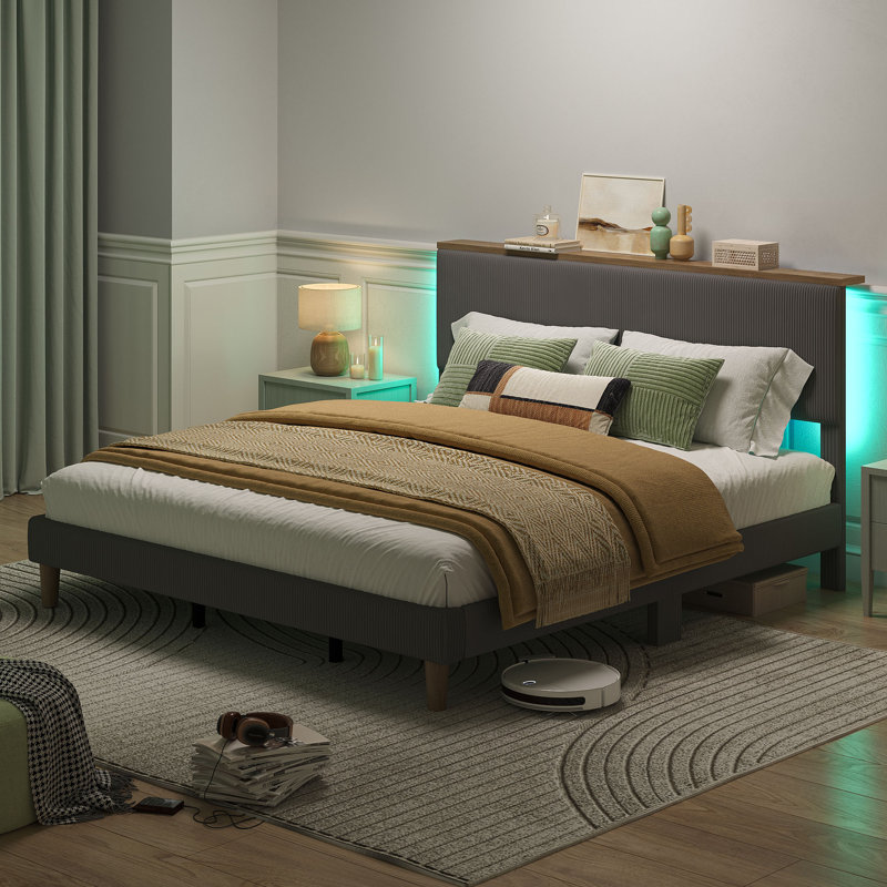 Velvet Upholstered Platform Bed Frame With Storage Headboard And LED Lights, Gray, Queen