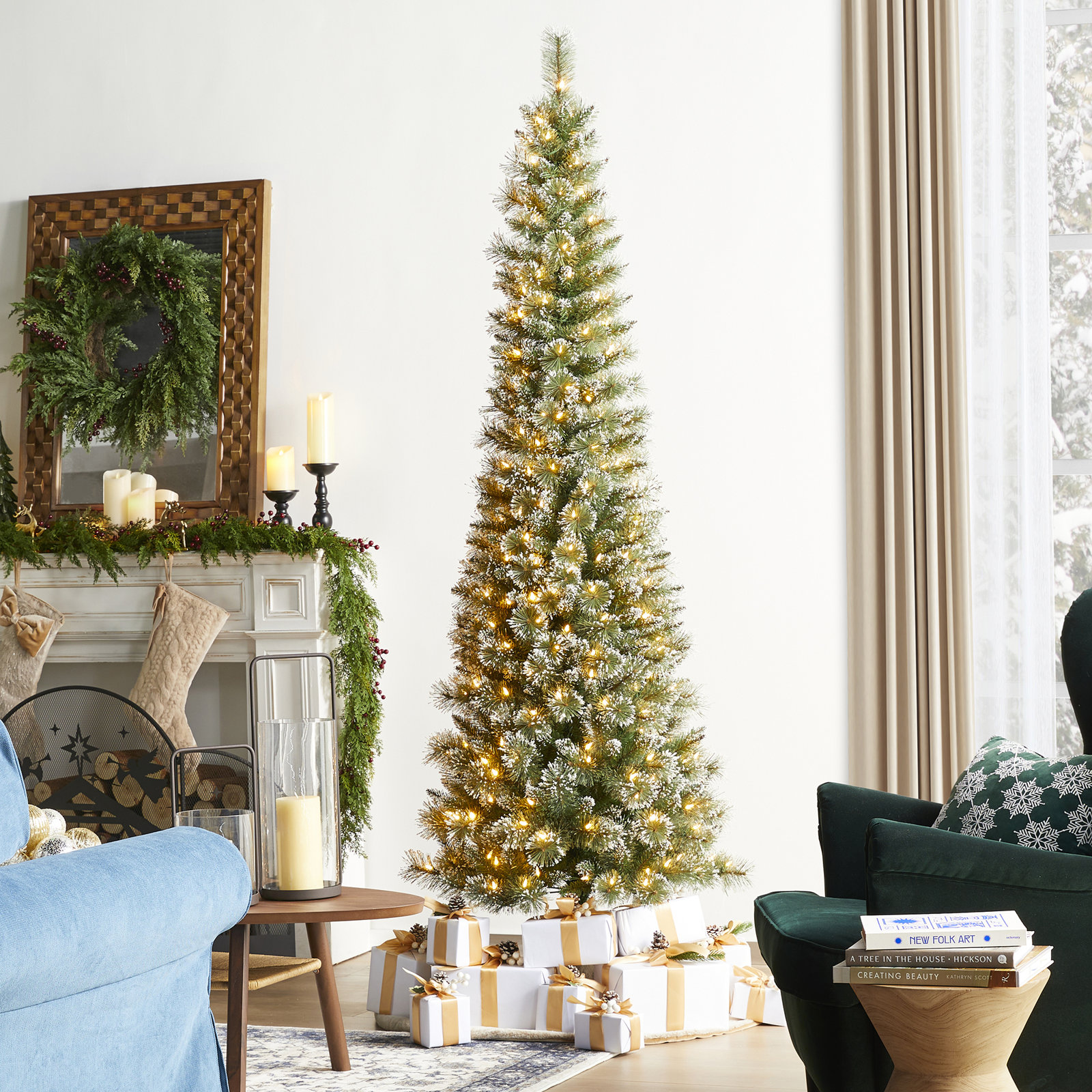 Leilonie Flocked Pre-Lit Pine Christmas Tree, 7.5'