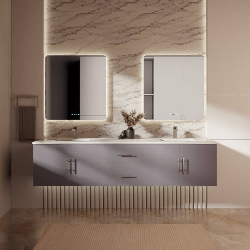 Ensemble de meuble-lavabo double mural 80 "avec miroir Geneva, Gris foncé, Quartz blanc