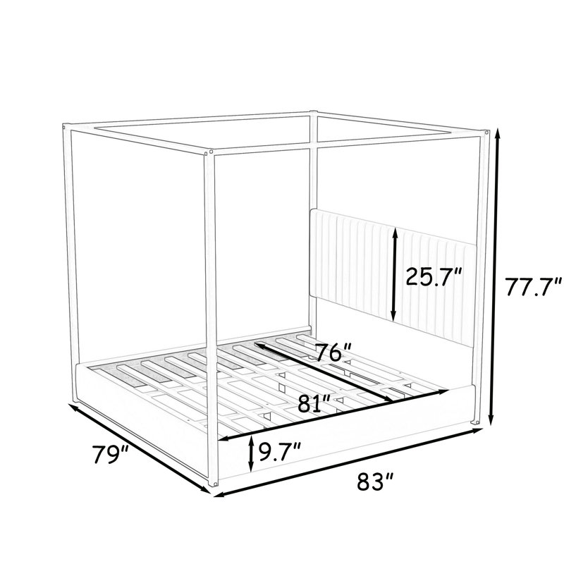 Lit plateforme tapissier avec tête de lit et auvent, Beige, Très grand lit