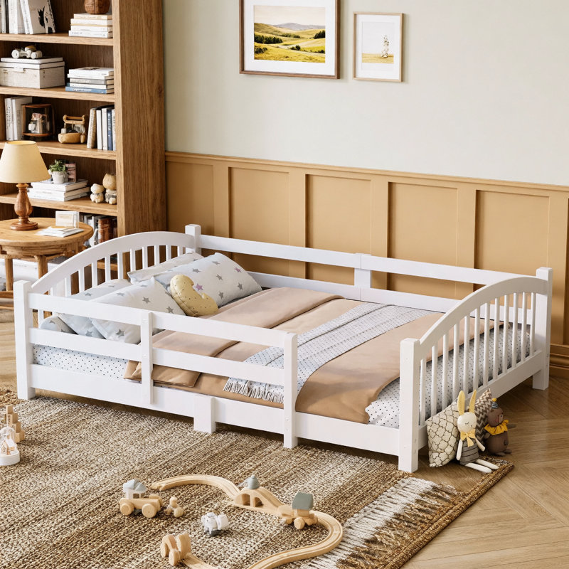 Full Montessori Platform Bed with Slats and Safety Guardrails, Solid Wood Floor Bed with Fence and Without Door, Easy Assemble Montessori Bed, White