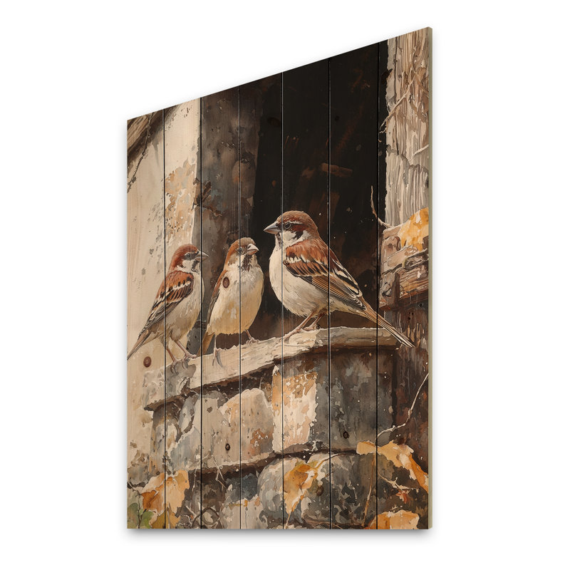 Sparrows Birds In The Farmyard III - Art mural en bois oiseau - sur bois de pin naturel, H 44 po x l 34 po x P 0,78 po