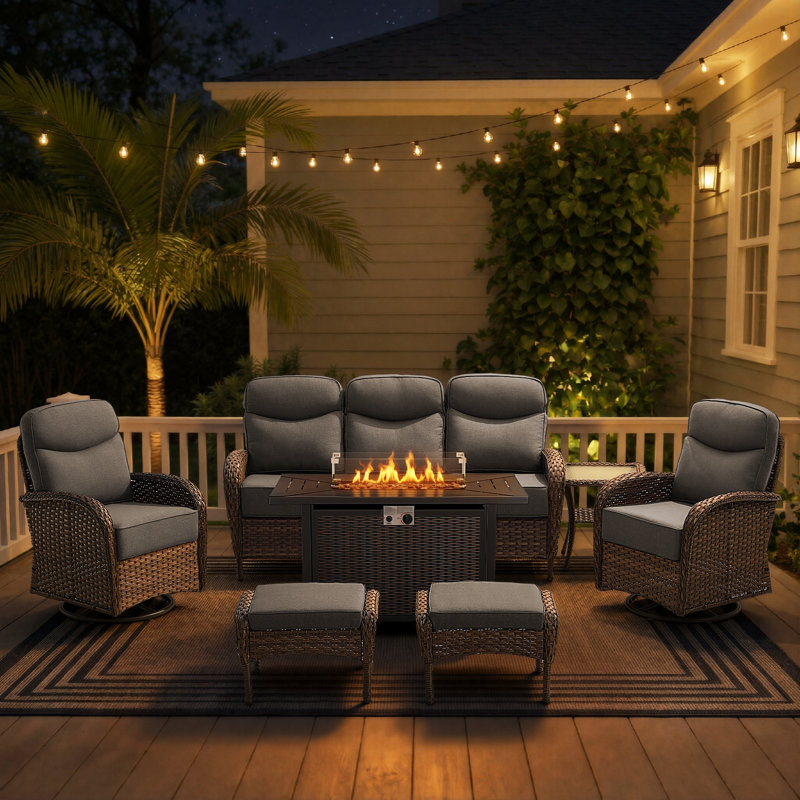 Ensemble de conversation pour foyer d'extérieur en osier 7 pièces avec canapé, fauteuils pivotants et repose-pieds, Gris