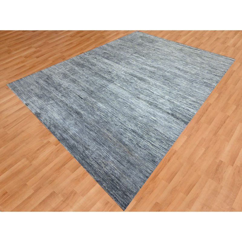 9'1"x12'2" Shades of Grey, Modern Plain Design, 100% Wool, Hand Knotted, Oriental Rug