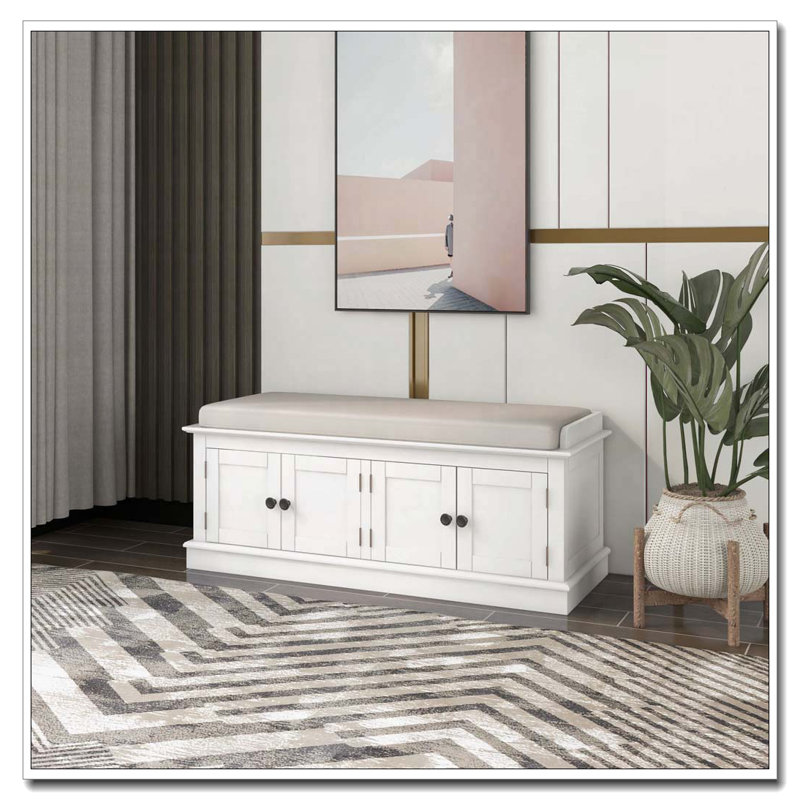Banc de rangement avec 4 portes et tablettes réglables, coussin amovible, Blanc