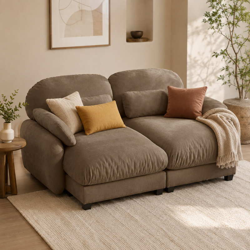 Canapé d'angle Gatton 2 places effet nuage avec 2 poufs amovibles, ensemble de canapés modulaires en chenille, assise profonde surdimensionnée avec coussins en mousse et ressorts, canapé d'angle spacieux pour salon