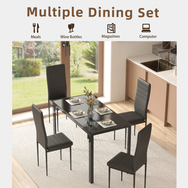 Black Tempered Glass Top Dining Table Set with Faux Leather Chairs
