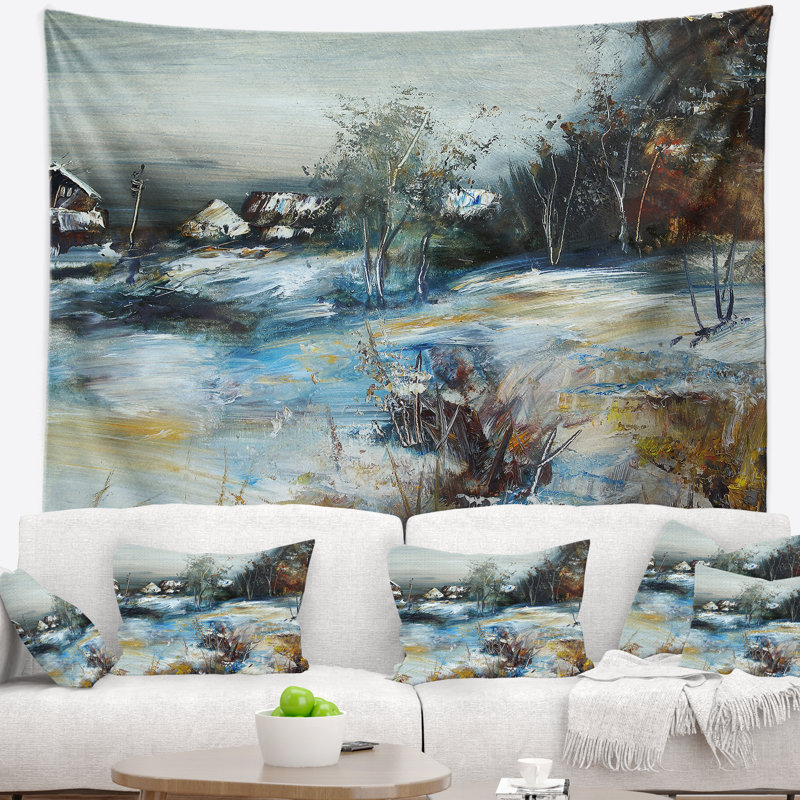 Village de paysage en tapisserie d'hiver, H 32 po x l 39 po