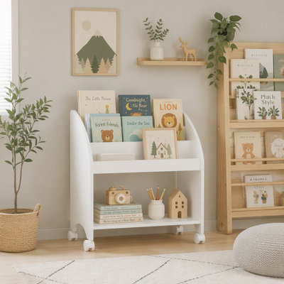 Kids Bookshelf with Wheels, 3-Tier Front Display Bookcase, MDF Rolling Book Organizer with Lockable Casters