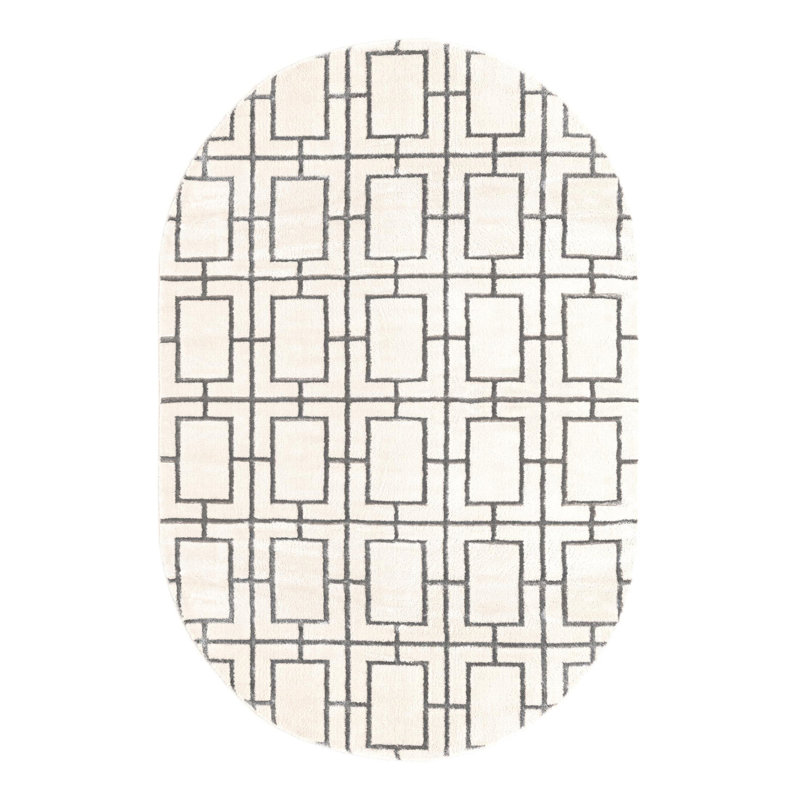 Glam Geometric White Silver Area Rug, Oval 5'3" x 8'